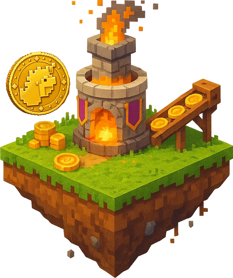 A stone forge on a floating island, with gold coins sliding down a chute into its fire