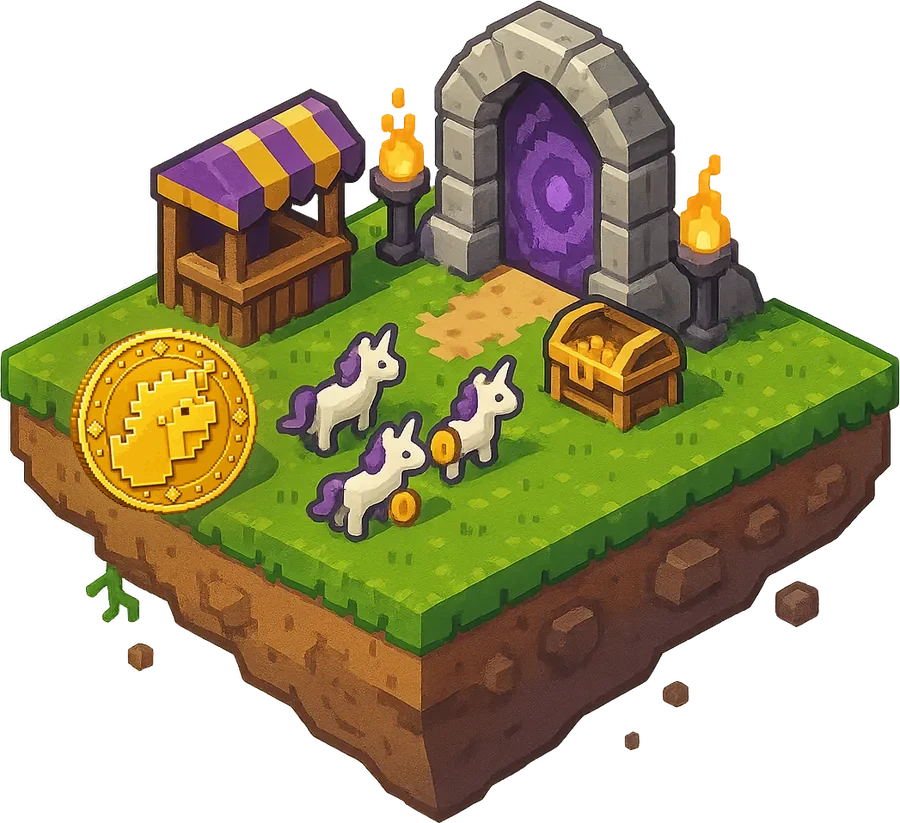 Pixel unicorns carrying gold coins toward a ticket stall and a glowing dungeon gate, with a treasure chest nearby